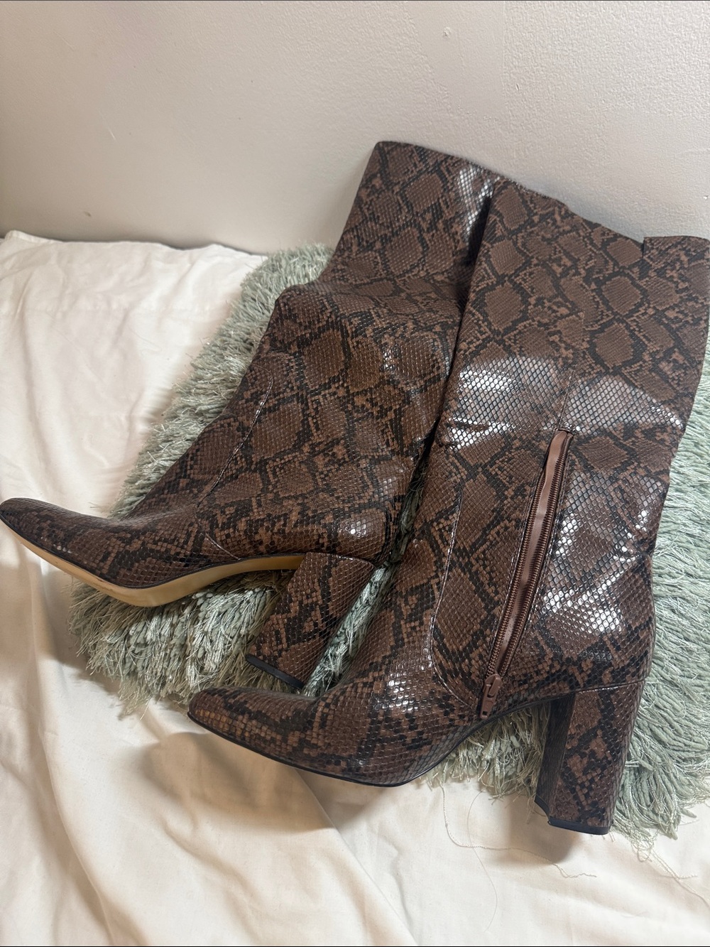 14th & Union Brown Snake-Print Over-the-Knee Block Heel Boots